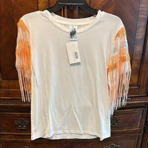 White T-Shirt with Orange Fringe Sleeves
